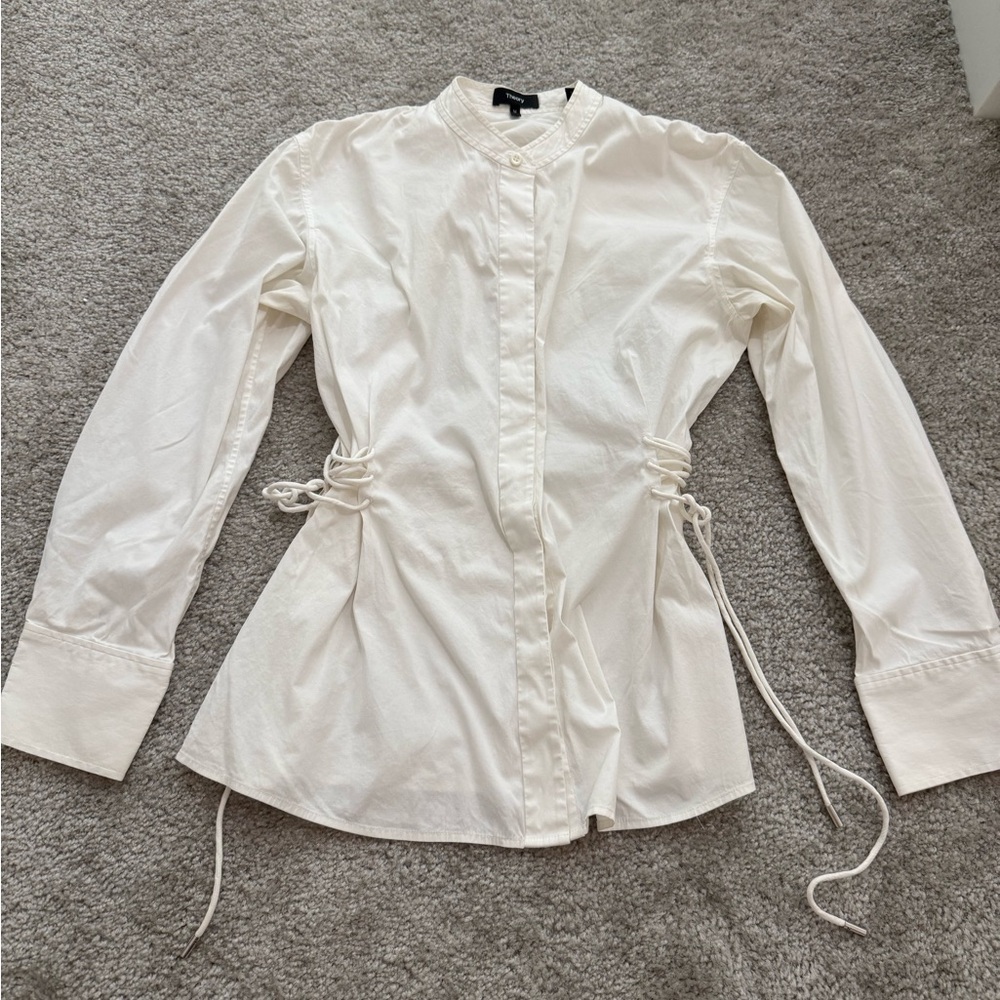 Theory Cream Button Down Shirt with Side Ties